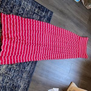 Strapless red and white maxi dress